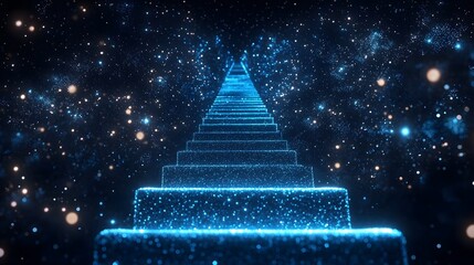 staircase made entirely of shimmering light particles ascends into a night sky full of stars