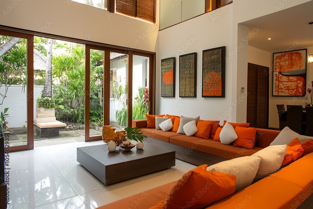 Wall mural bright contemporary living room with orange accents and large windows overlooking a garden : generat