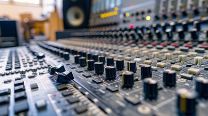 Close up of audio mixer console in recording studio, with buttons and faders for music mixing....