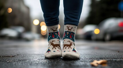 Naklejka premium Festive Holiday Socks with Reindeer Design