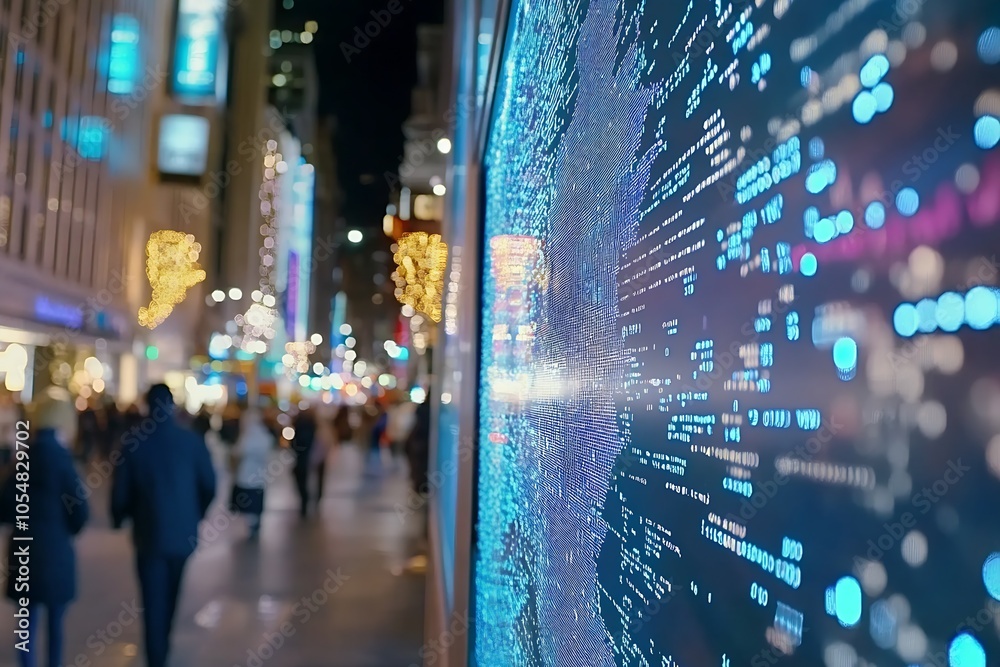 Poster blurred abstract urban night cityscape with digital data overlay on glass pane : generative ai