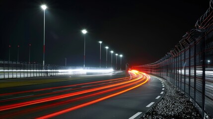 The sweeping curves of the airport fence are accentuated by the trailing lights of passing cars giving the illusion of a neverending road.