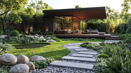 Fototapeta premium Modern garden with a serene pathway leading to a stylish home.
