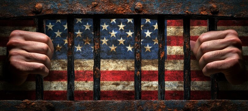 Criminal jail on prison with America flag background. Down fall of democracy symbol. 4th of July or American independence day. Generative AI technology.	
