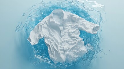 A top-down view of a white shirt being washed in a blue bath of laundry detergent, isolated on a white background with soft lighting