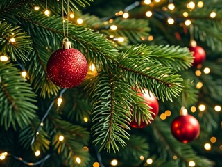 Fototapeta premium Beautiful festive decorations on the Christmas tree. Close-up. Beautiful Christmas background. The concept of decorations and decor for the new year. New Year's Card 2025 