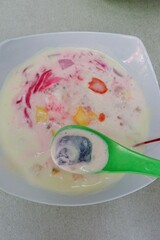 Fruit ice or fruit soup is a typical Indonesian fruit ice dessert. This cold and sweet drink is made from cut fruit mixed with shaved ice or ice cubes, and sweetened with liquid sugar or syrup.