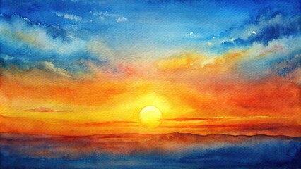 Fototapeta premium Watercolor sunset sky with sun over horizon, orange and blue gradient, textured paper, brush