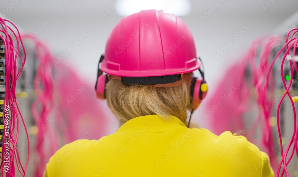 Poster technician in pink hard hat managing data center operations amid network challenges