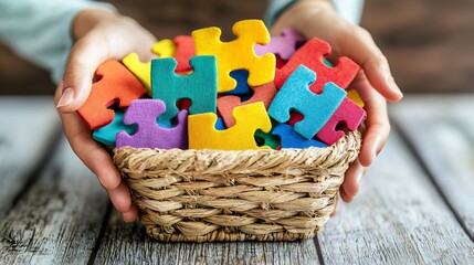 Vibrant Colorful Puzzle Pieces in Basket Symbolizing Creativity and Diversity in Problem Solving : Generative AI