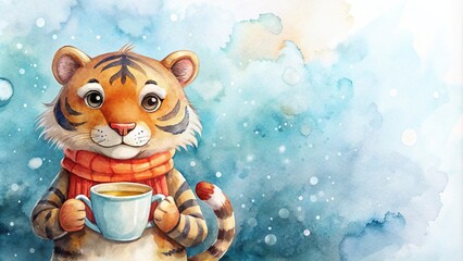 Watercolor tiger clipart holding cocoa mug isolated with soft texture