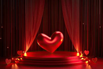 Realistic red 3D cylinder pedestal podium with illuminate lamp heart shape background. Valentine minimal scene for products showcase, Promotion display. with generative ai