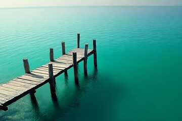 Fototapeta premium Tranquil Wooden Pier Extending into Clear Blue Lake Reflecting Serenity and Calm : Generative AI