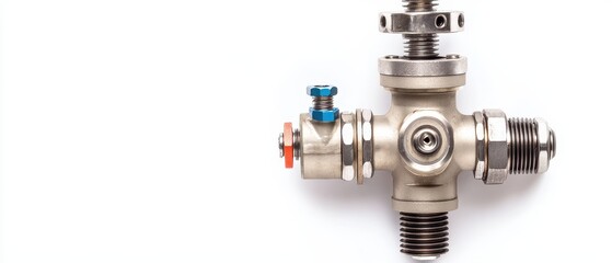 Metal valve with colorful knobs on a white isolated background