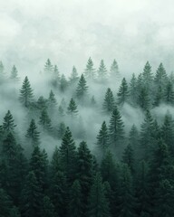 Fototapeta premium Misty forest with dense evergreen trees ambient nature
