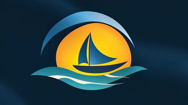 A blue sailboat sits on the water, with a yellow sun setting behind it