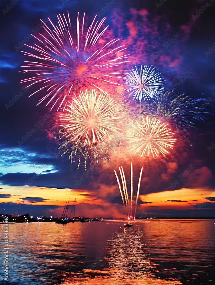 Poster spectacular fireworks display over waterfront at dusk : generative ai