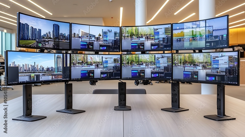 Poster UltraWide Monitor Array Displaying Cityscape and Nature Scenes in Modern Office : Generative AI