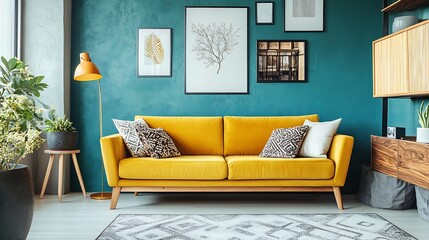 Elegant living room decor with vibrant yellow sofa and artistic gallery wall : Generative AI