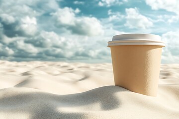 Disposable coffee cup standing on a sandy beach under a cloudy sky, perfect for summer vibes and refreshing beverages