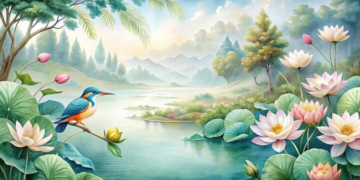 Watercolor wallpaper pattern of lotus flower and kingfisher in a serene landscape