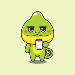 Chameleon sleepy drinking coffee cartoon vector illustration.