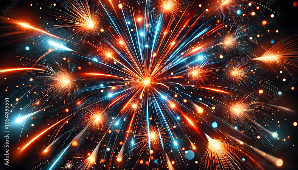 Poster A vibrant display of fireworks bursting in a dark sky, featuring bright colors and dynamic patterns.