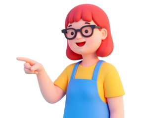 Cheerful cartoon girl with red hair and glasses, wearing yellow shirt and blue apron, pointing with smile. This playful character embodies fun and friendly vibe