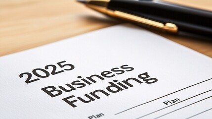 A document titled "2025 Business Funding" rests on a wooden surface, accompanied by a pen, suggesting planning or financial preparation.