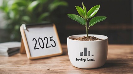 A small green plant grows in a white pot labeled "Finding Need's" next to a calendar marked with the year 2025.