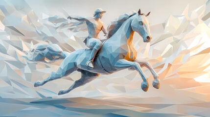 Detailed polygonal horse galloping with dynamic low polygons. Pegasus Rider. Illustration