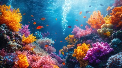 Vibrant underwater scene showcasing colorful coral reefs and fish.