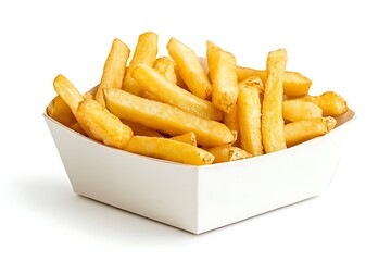 French fries served in a white cardboard container isolated on a white background