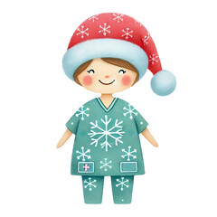 Smiling Character in Santa Hat and Snowflake Scrubs
