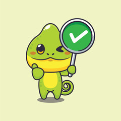 Chameleon with correct sign cartoon vector illustration.