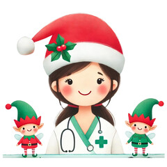 Smiling Nurse in Santa Hat with Christmas Elves
