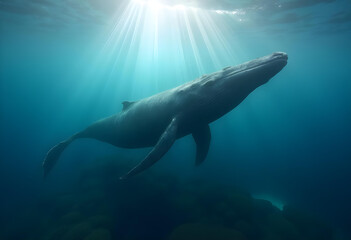 Obraz premium Majestic whale swimming gracefully in deep blue ocean waters, illuminated by sun rays filtering through surface, creating serene underwater scene