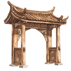 Traditional wooden gate with ornate design, white isolated background.