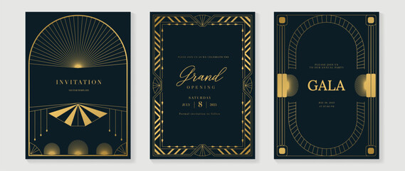 Luxury gold invitation card design vector. Abstract geometry frame and Art deco pattern background. Use for wedding invitation, cover, VIP card, gala, print, poster and wallpaper. Vector illustration.