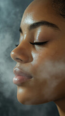 Close-up of a person’s face with eyes closed, enjoying steam therapy, gentle steam rising around the face, soft ambient lighting, serene and soothing indoor spa atmosphere
