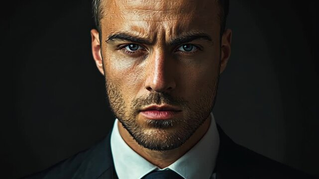 A man in a suit stares intently at the camera, his blue eyes piercing through the darkness