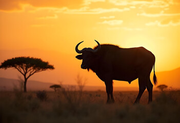 Majestic buffalo silhouette against vibrant sunset, showcasing nature beauty and tranquility. scene captures essence of wildlife in serene landscape