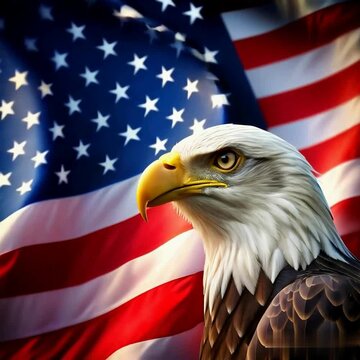 Wavy American flag with an eagle symbolizing strength and freedom . 4th of July Memorial or Independence day background. 