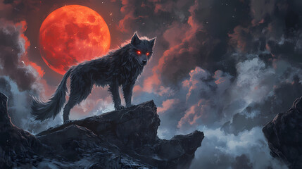 Fenrir with glowing eyes and dark fur standing on a rocky cliff, with a blood-red moon and ominous clouds , genetated by ai. Norse Frost Giant. Illustration
