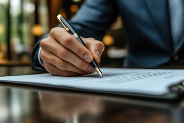 A man is writing on a piece of paper with a pen