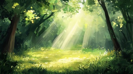 Obraz premium A calming forest scene with sunbeams filtering through the foliage, providing a perfect space for text in the peaceful clearing.