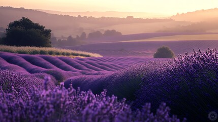 Serene lavender field at sunset, showcasing vibrant purple hues and rolling hills under a soft golden sky.