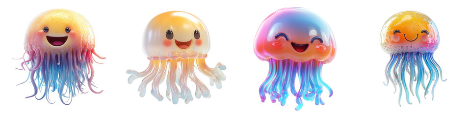 Naklejka premium Colorful jellyfish characters with smiling faces on a white isolated background. on transparent cutout, PNG file