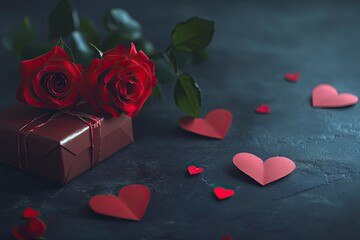 Obraz premium Romantic background for valentine's day or birthday. Red roses, paper hearts and a gift box on a dark background. Valentine's day concept. with generative ai