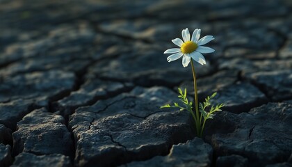 White chamomile flower on crack soil dryness in the dry season